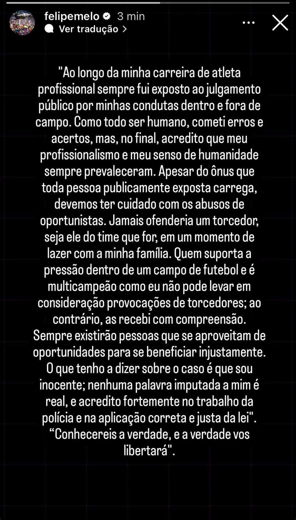 Felipe Melo publica texto e diz ser inocente — Foto: Reprodução