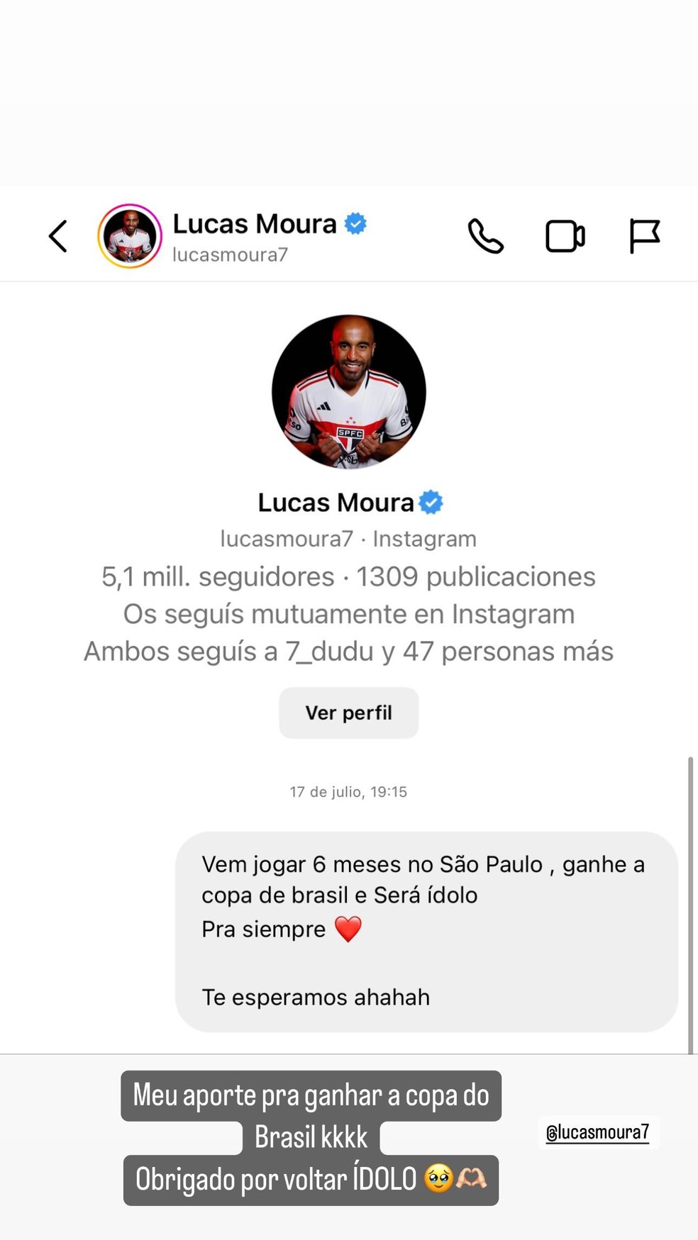 Veja a mensagem de Calleri para convencer Lucas a voltar ao São Paulo — Foto: Reprodução