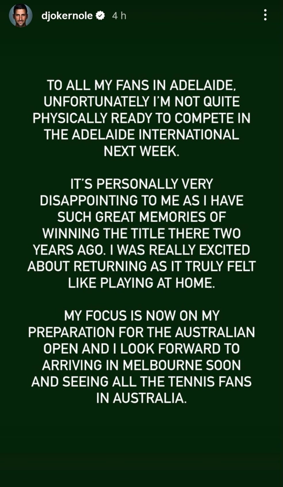 Djokovic anuncia retirada do ATP 250 de Adelaide e vai estrear direto no Australian Open — Foto: Reprodução/Instagram