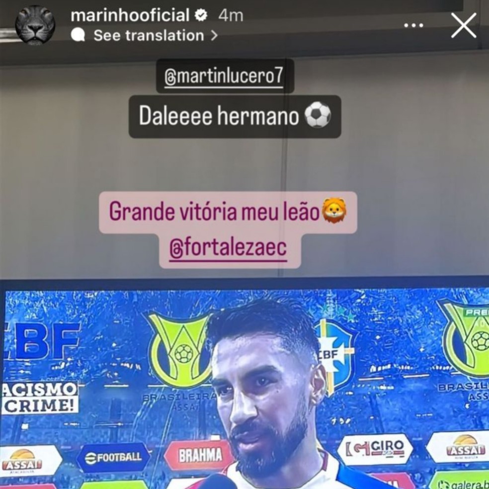 Marinho comemora vitória do Fortaleza — Foto: Reprodução / Instagram