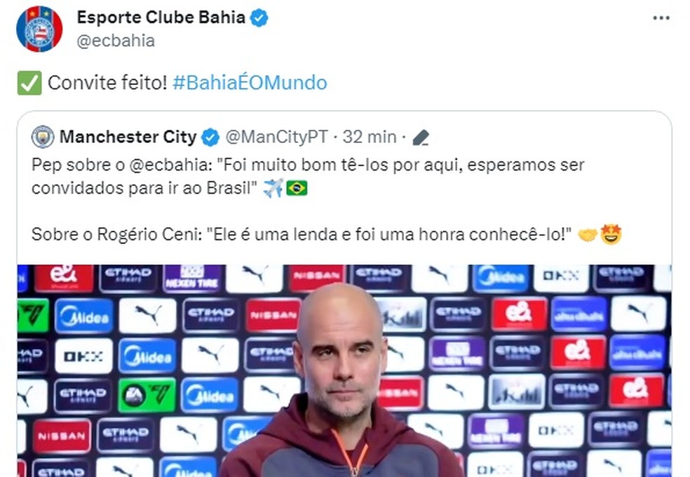 Bahia faz convite a Guardiola — Foto: Reprodução/Redes sociais