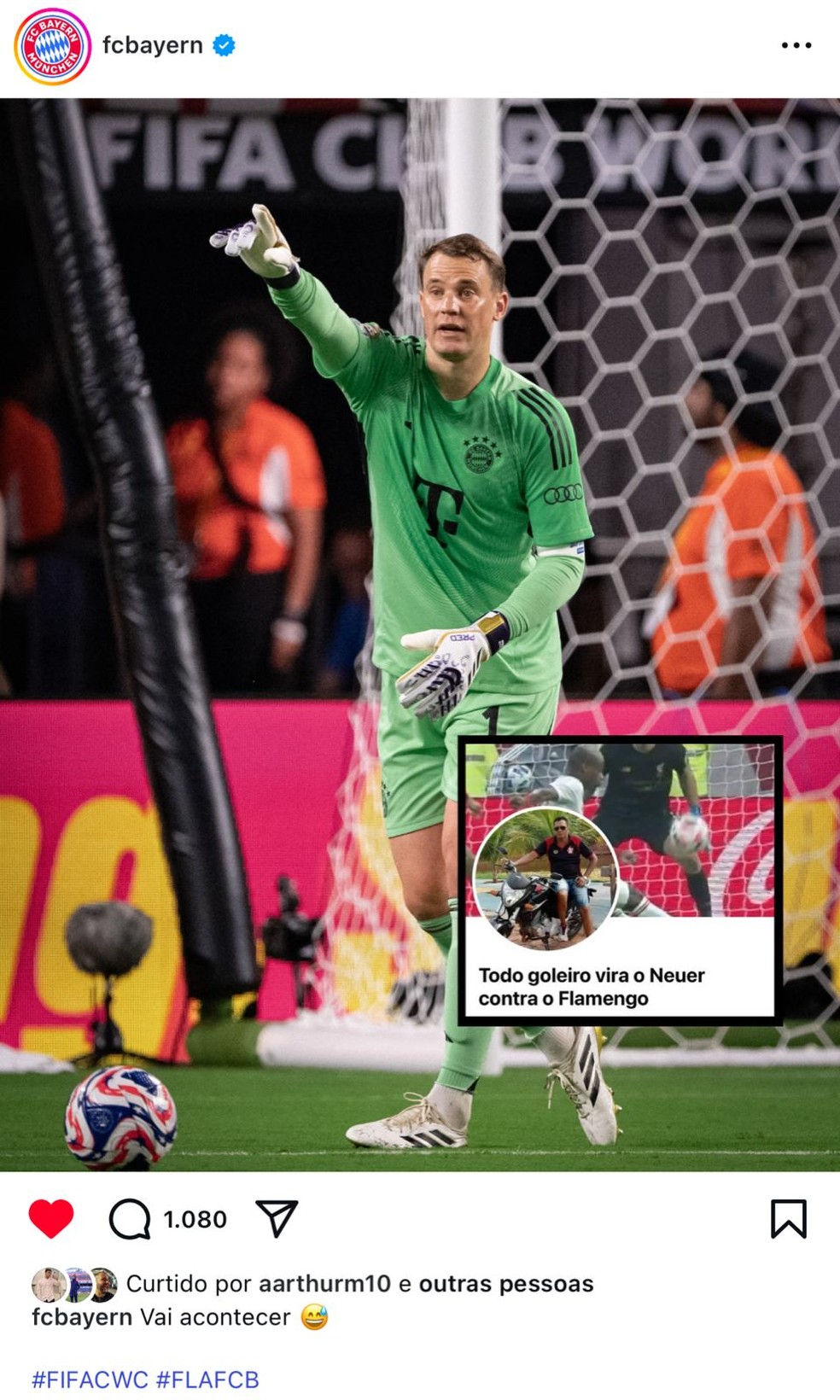Bayern posta foto de Neuer com meme da torcida do Flamengo — Foto: Reprodução / Instagram