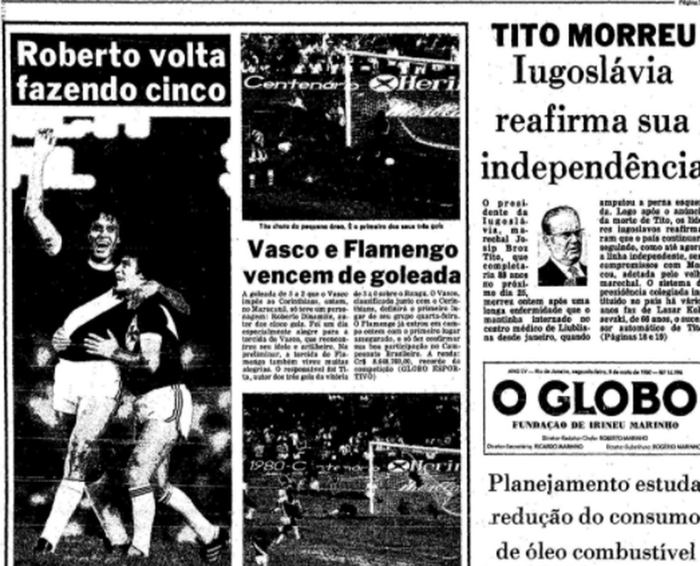 Volta de Roberto Dinamite  Foto: Capa de O Globo