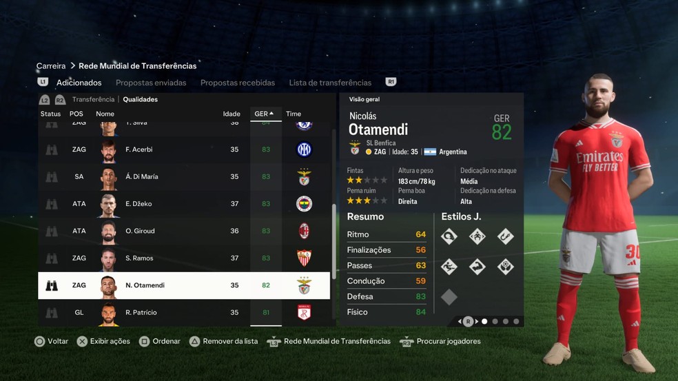 Otamendi no modo carreira do FC 24 — Foto: Reprodução/EA Sports