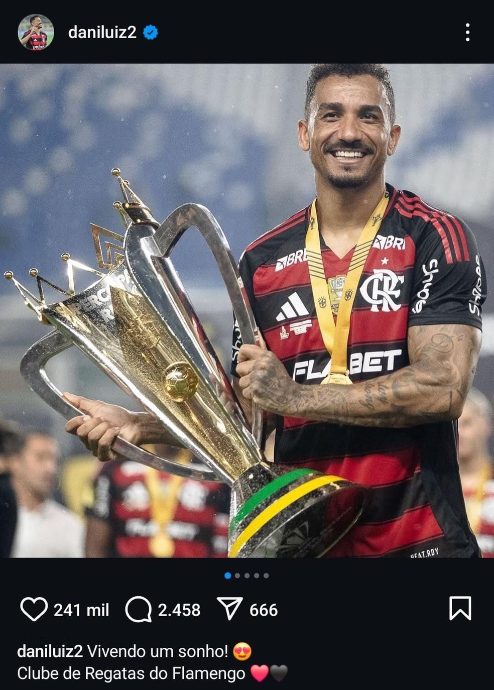 Danilo faz post após primeiro título com o Flamengo — Foto: Reprodução / Instagram