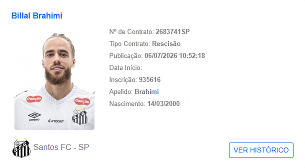 Rescisão do atacante Billal Brahimi com o Santos é publicada no BID da CBF