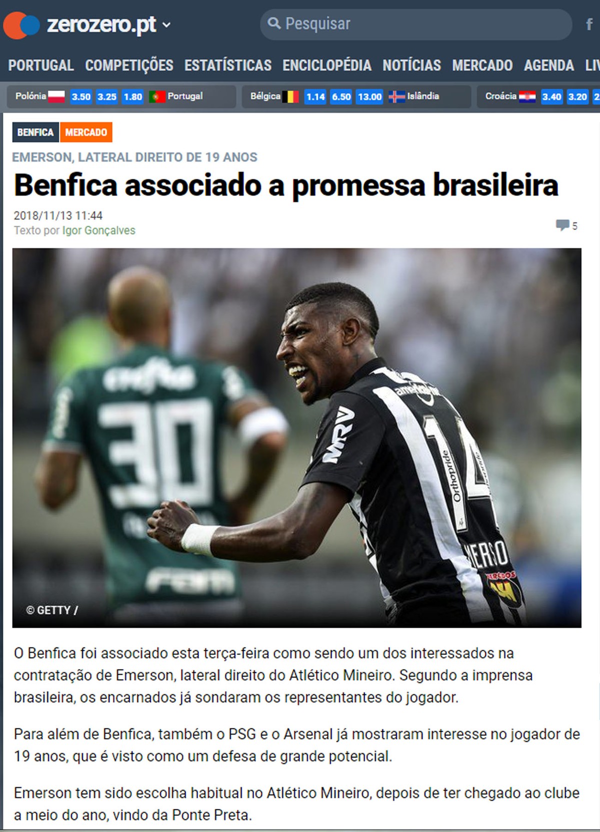 Lateral Emerson é monitorado por clubes europeus; Atlético-MG nega contato
