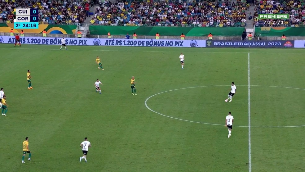 Corinthians coloca todos os jogadores de linha no campo de ataque contra o Cuiabá — Foto: Reprodução Premiere