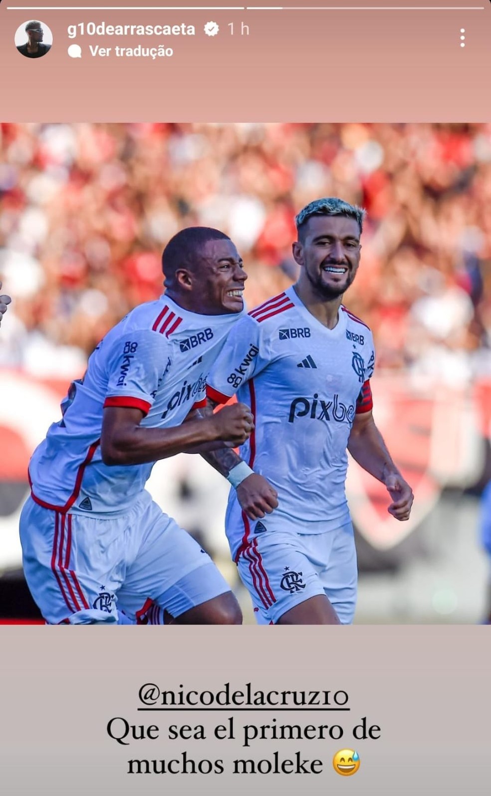 Arrascaeta comemora primeiro gol de De la Cruz no Flamengo — Foto: Reprodução / Instagram
