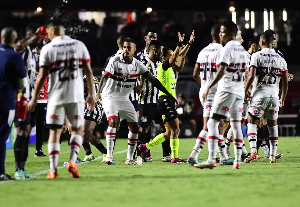 Edina Alves anula o gol de Erick por toque na mão — Foto: Marcos Ribolli