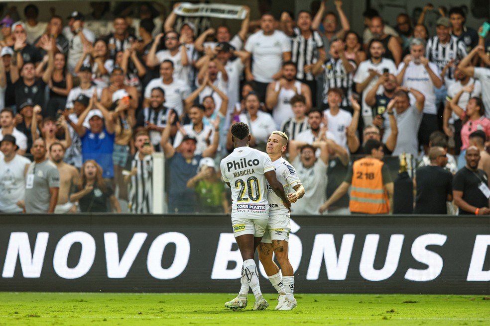 Mendoza e Soteldo comemoram gol do Santos contra o Grêmio — Foto: Fernanda Luz/AGIF