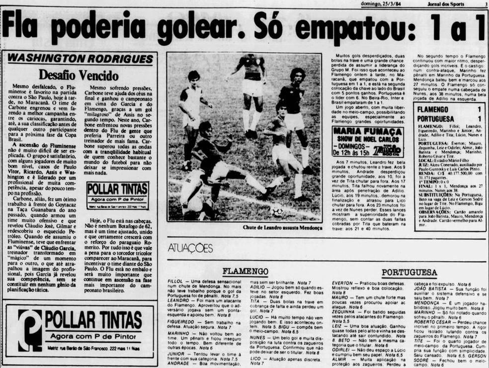 Matéria de Flamengo 1 x 1 Portuguesa-SP em 1984 — Foto: Reprodução / Jornal dos Sports