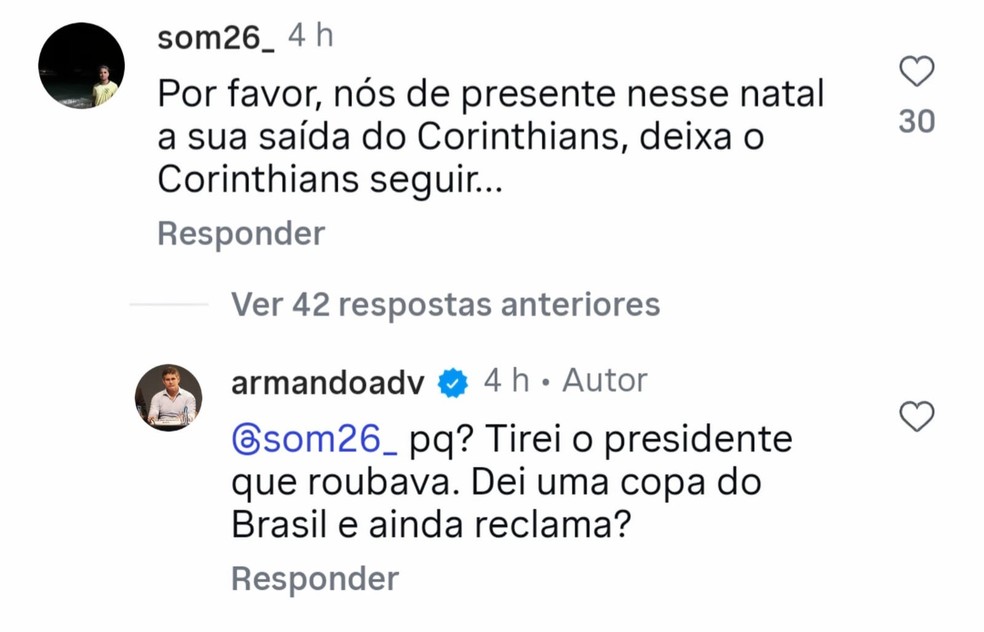 Vice-presidente do Corinthians responde torcedor em rede social: "Dei uma Copa do Brasil e ainda reclama?" — Foto: Reprodução