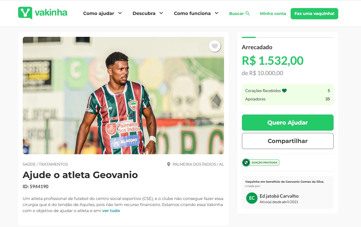 Atacante do CSE sofre séria lesão e amigos fazem vaquinha para ajudar | Ge