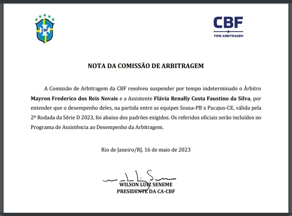 Documento da CBF, afastando o árbitro Mayron Frederico dos Reis Novais e a assistente Flávia Renally Costa Faustino da Silva — Foto: Reprodução / CBF