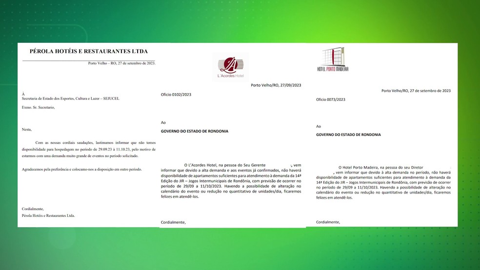 Ofícios de hotéis cancelando hospedagem para o JIR — Foto: ge