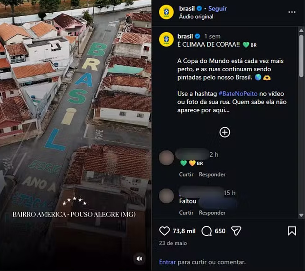 Publicação mostra rua pintada para a Copa do Mundo e compartilhamento em rede social da CBF