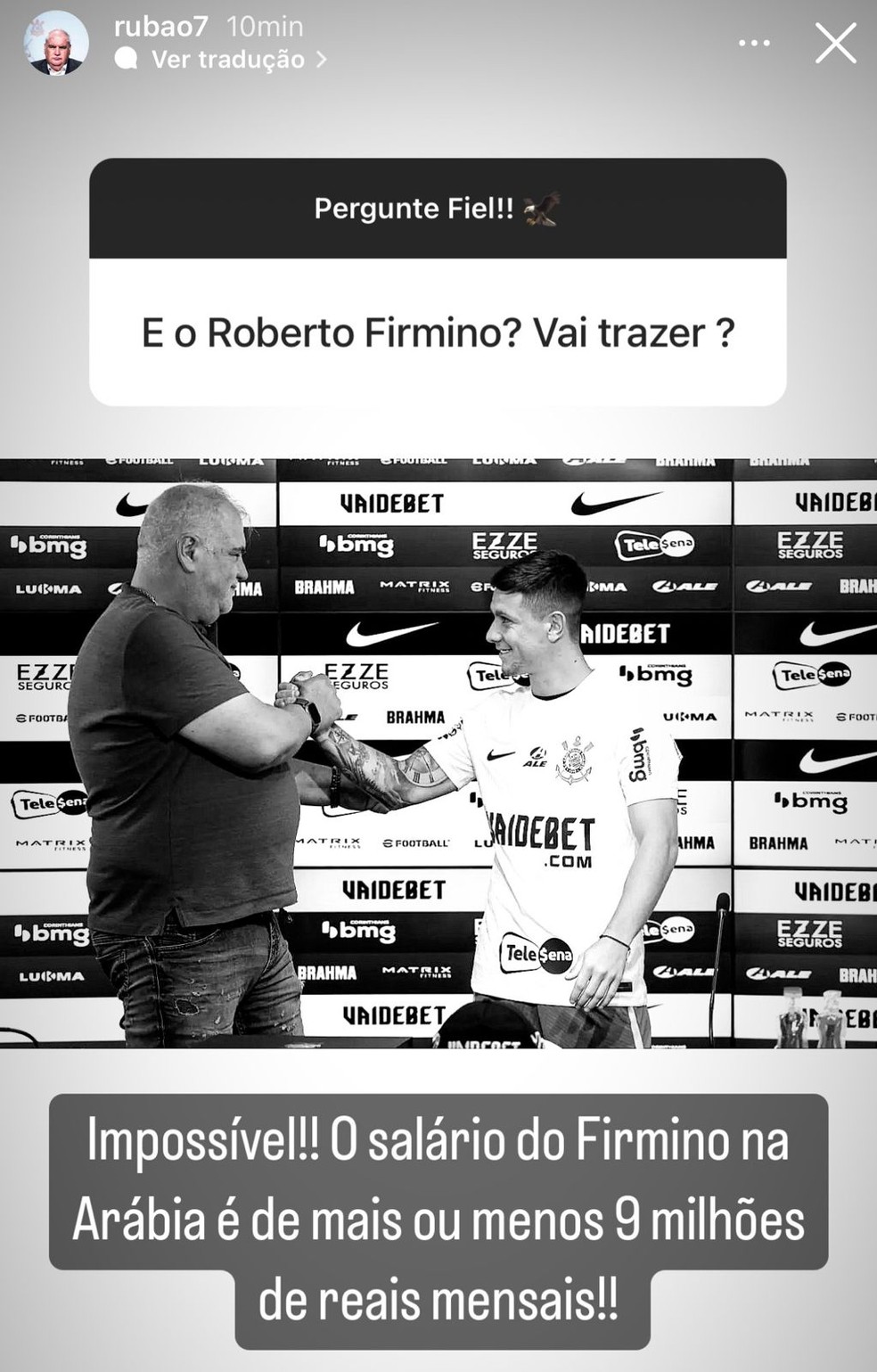 Rubão descarta chegada de Roberto Firmino ao Corinthians — Foto: Reprodução/Instagram