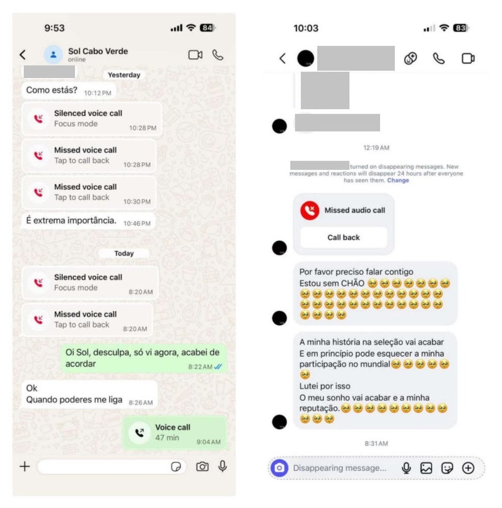 Troca de mensagens da brasileira com funcionária da Federação Cabo-Verdiana que foi incluída na notificação extrajudicial — Foto: Arquivo Pessoal