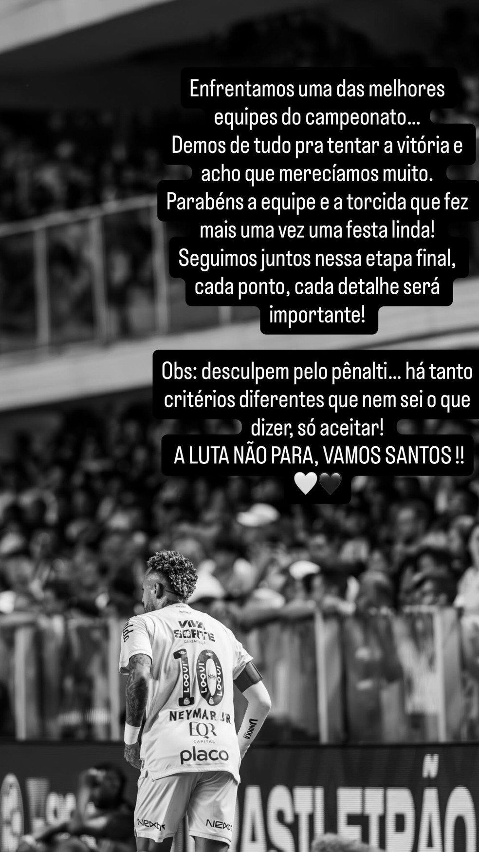 Neymar publica texto se desculpando com os torcedores do Santos - Reprodução/Instagram