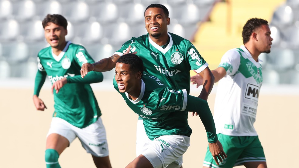 Jogadores do Palmeiras comemoram um dos gols contra o Juventude — Foto: Fábio Menotti