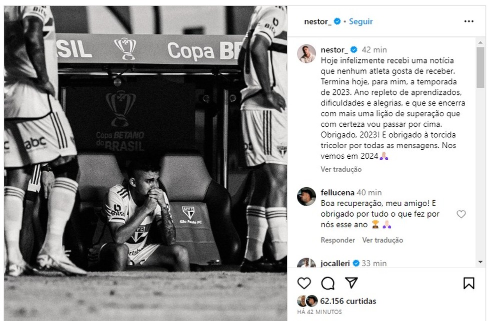 Nestor publica post sobre a lesão sofrida no joelho em treino do São Paulo — Foto: Reprodução