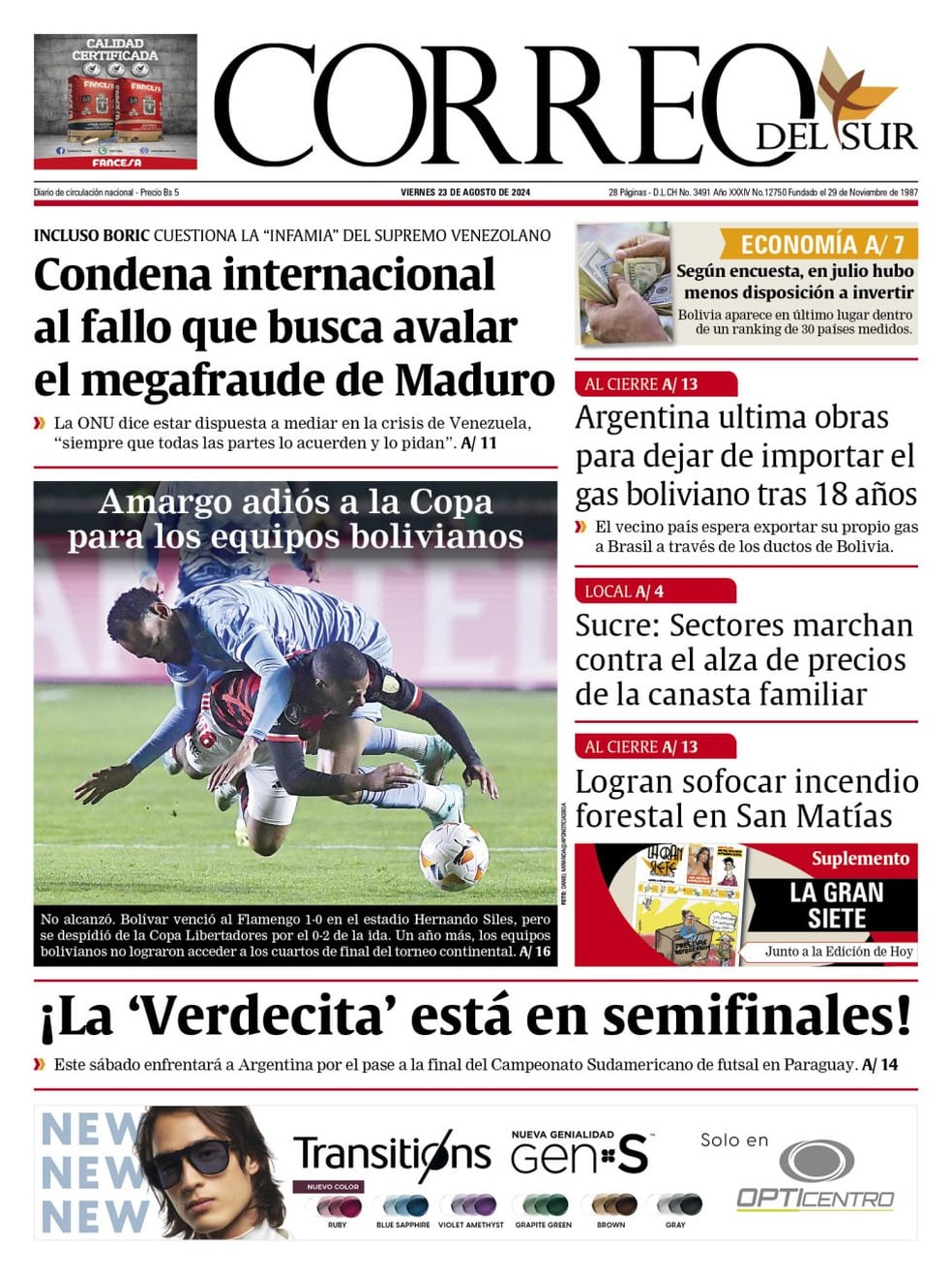 Jornal da Bolívia repercute eliminação do Bolívar na Libertadores — Foto: Reprodução
