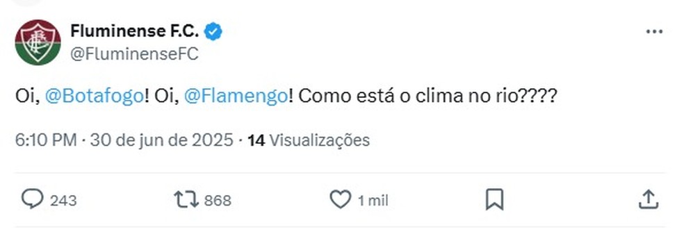 Fluminense provoca Flamengo e Botafogo após classificação: "Como está o clima no Rio?" — Foto: Reprodução