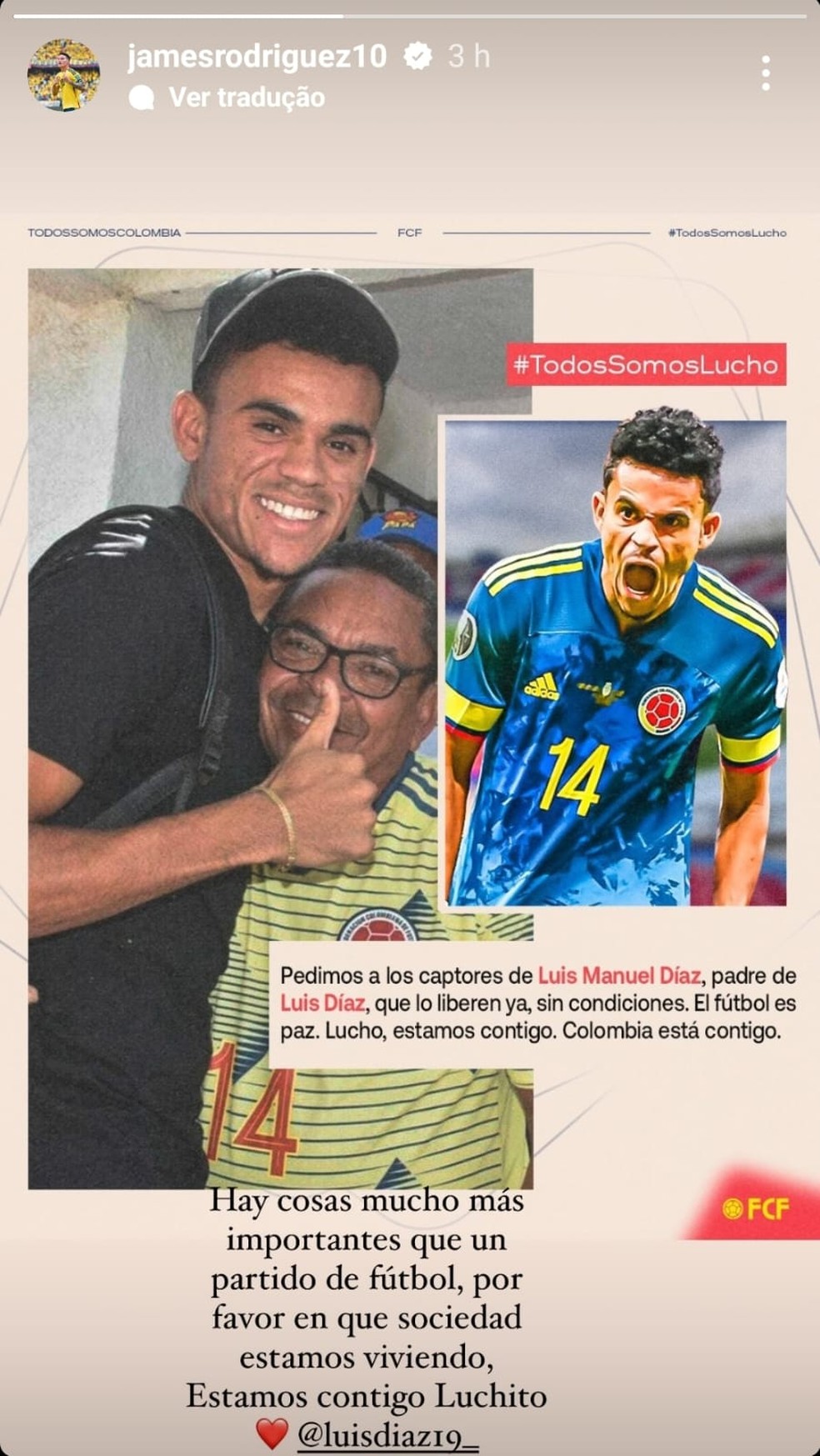 James Rodríguez usou as redes sociais para comover os sequestradores dos pais de Luis Díaz — Foto: Reprodução
