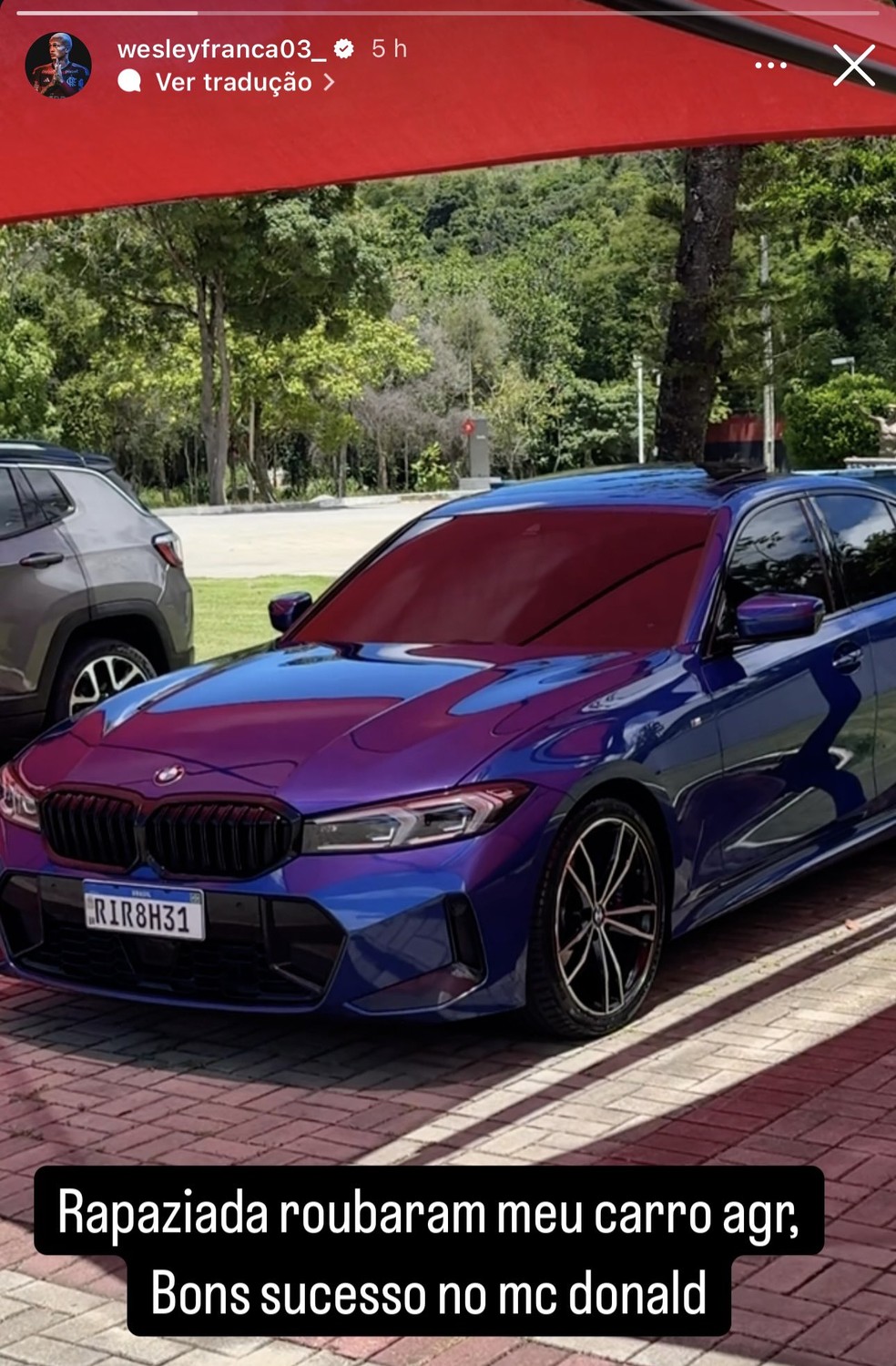 Wesley, do Flamengo, teve carro roubado em 2024 — Foto: Reprodução / Instagram
