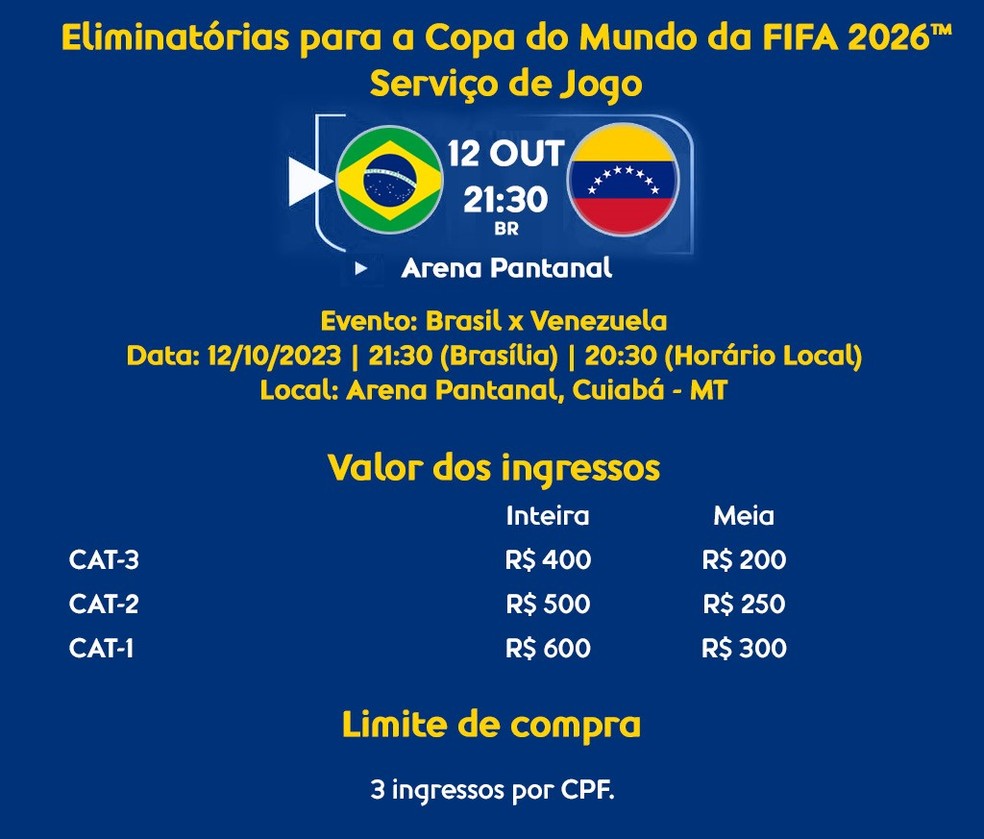 Brasil x Venezuela: ingressos à venda para partida das Eliminatórias na  Arena Pantanal, futebol