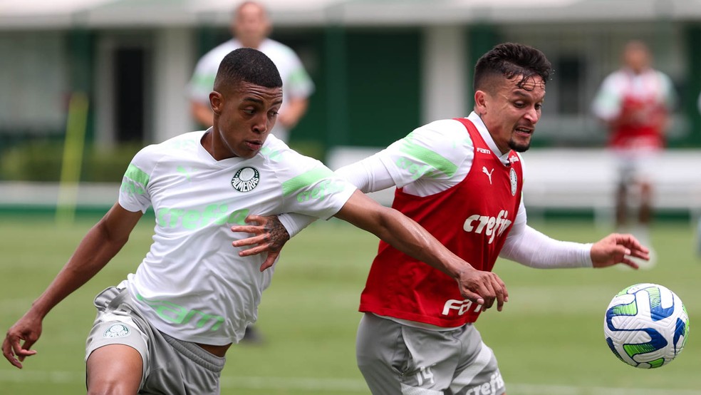 Vanderlan e Artur no treino do Palmeiras na Academia de Futebol — Foto: Cesar Greco/Palmeiras
