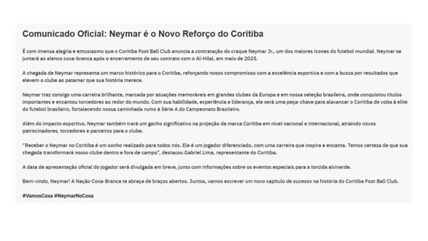 Hacker invade site do Coritiba e anuncia Neymar — Foto: Divulgação