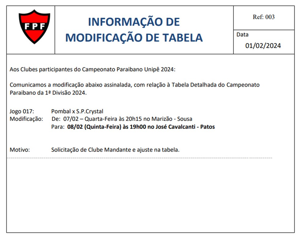 Jogo pela 4ª rodada vai acontecer na quinta-feira, às 19h, e não mais na quarta, às 20h15 — Foto: Reprodução/FPF-PB