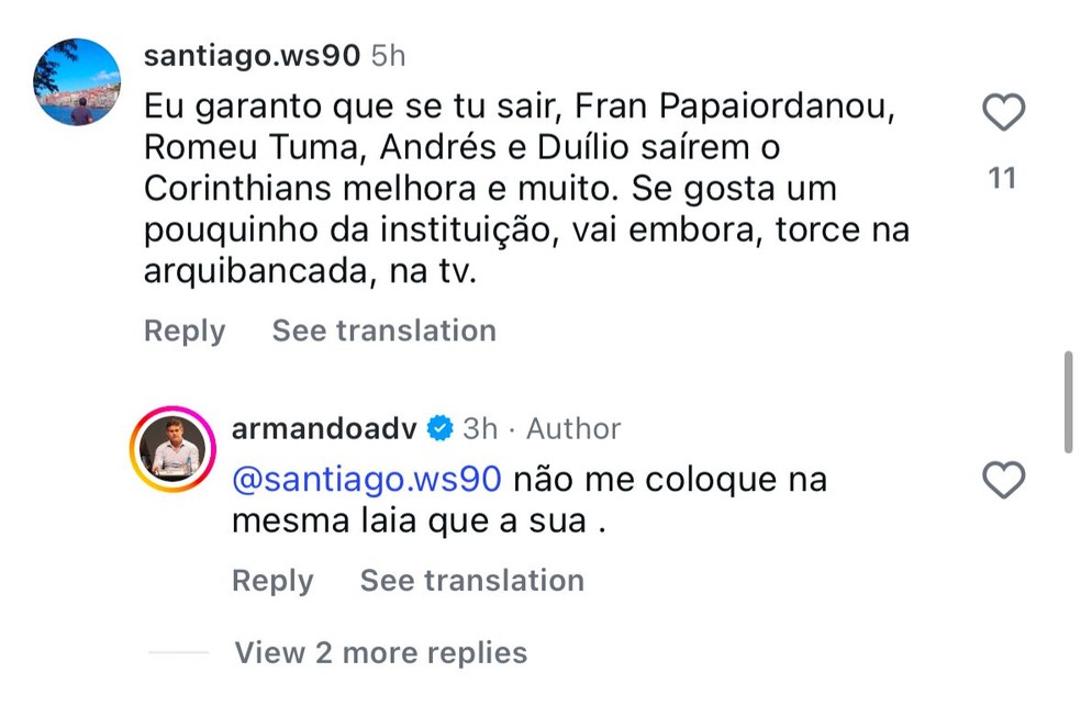 Armando Mendonça, vice-presidente do Corinthians, discute com torcedores nas redes sociais — Foto: Reprodução