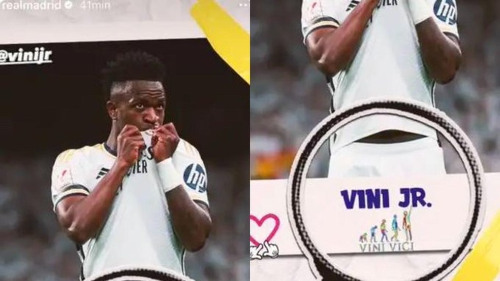 Post do Real Madrid no Instagram reproduzia a evolução do macaco ao ser humano, com Vinicius Junior Vini Jr. em destaque — Foto: Reprodução/Instagram