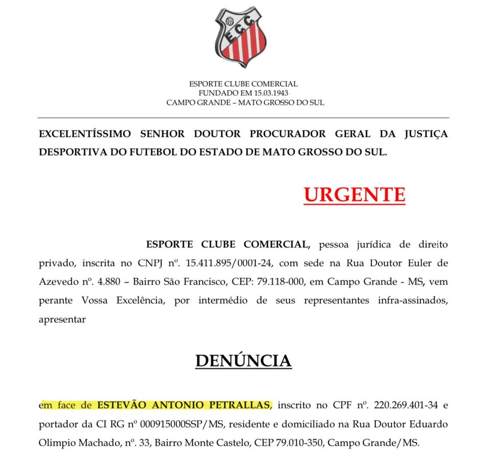 Denúncia do Comercial contra Estevão Petrallás. — Foto: Reprodução