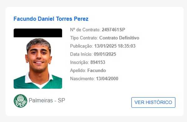 Facundo Torres registrado no BID e apto para estreia no Palmeiras