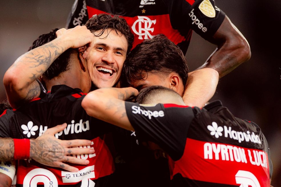 Pedro comemora o seu gol da vit�ria no Flamengo x Estudiantes � Foto: Adriano Fontes / Flamengo