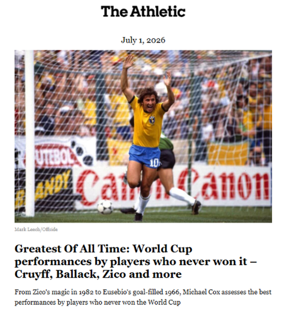 Zico encabeça a lista do jornal The Athletic — Foto: Reprodução