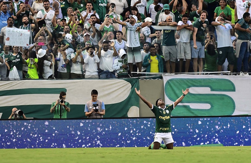 Endrick comemora gol em Palmeiras x Corinthians — Foto: Marcos Ribolli