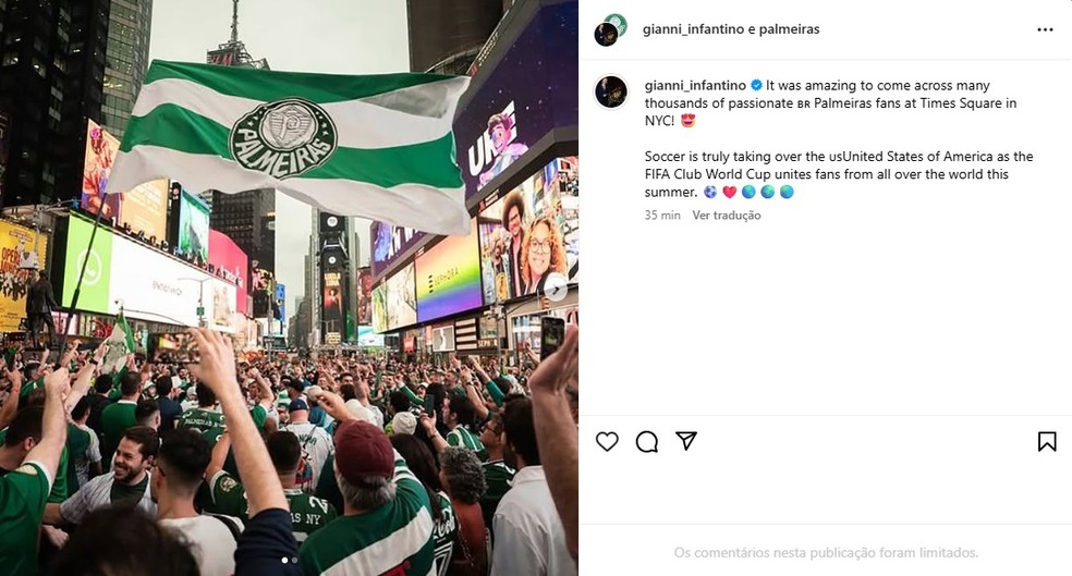 Presidente da Fifa exalta festa da torcida do Palmeiras em Nova York — Foto: Reprodução