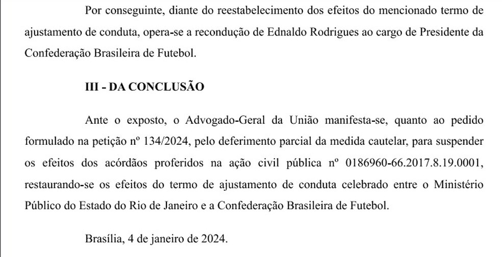 Parecer da AGU é pela recondução de Ednaldo para a presidência da CBF — Foto: Reprodução