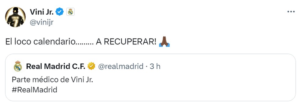 Vini Jr se manifestou sobre lesão e criticou calendário de jogos — Foto: Reprodução/Twitter