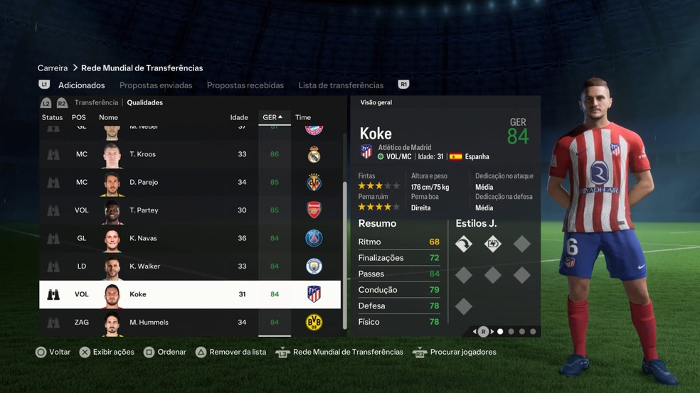 Koke no modo carreira do FC 24 — Foto: Reprodução/EA Sports