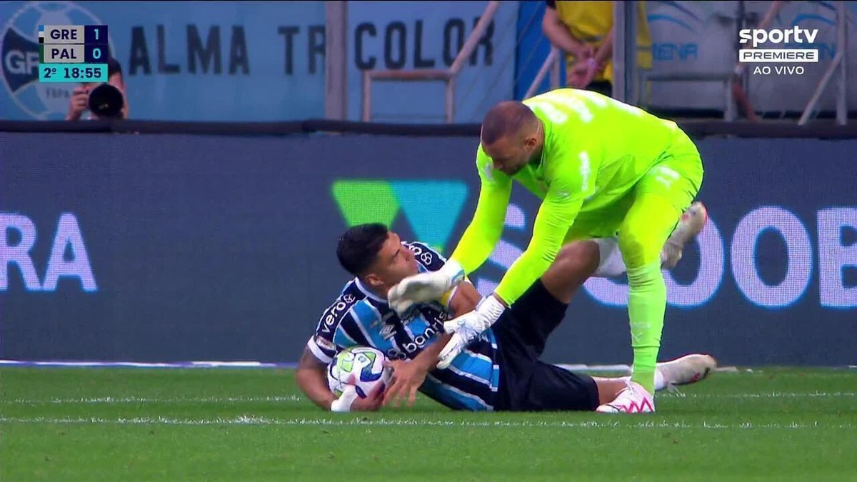 Suárez, do Grêmio, segura bola e se desentende com Weverton, do Palmeiras; veja o lance