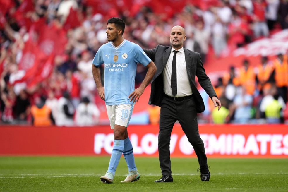 Rodri vai desfalcar o Manchester City no jogo contra o Chelsea, neste domingo — Foto: Getty Images