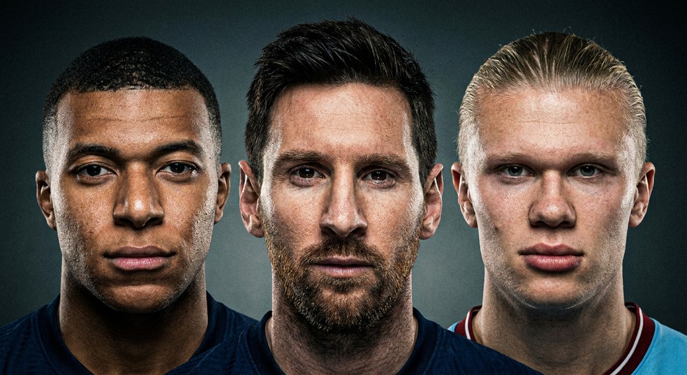 Lionel Messi, Kylian Mbappé e Erling Haaland voltam ao campo nesta segunda-feira (22) — Foto: Imagem produzida com auxílio de IA