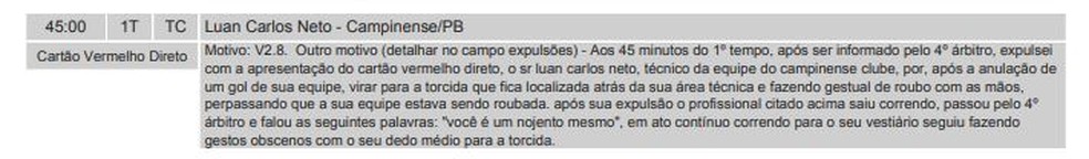 Relato da expulsão de Luan Carlos — Foto: Reprodução / CBF