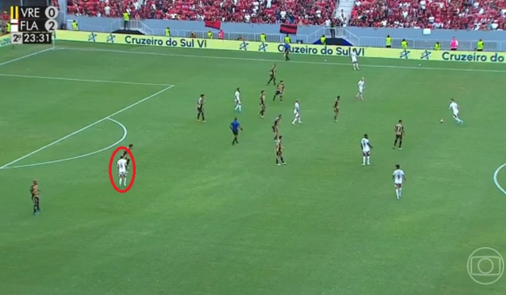 Ayrton Lucas atacando por dentro no Flamengo de Filipe Luís — Foto: Reprodução / TV Globo